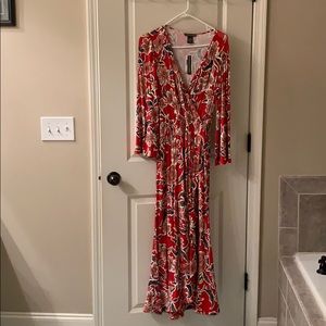 Long red floral dress/Long sleeve. Never worn.